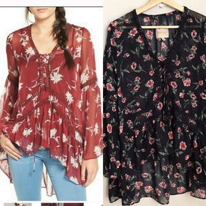 MOON RIVER navy blue floral boho blouse medium